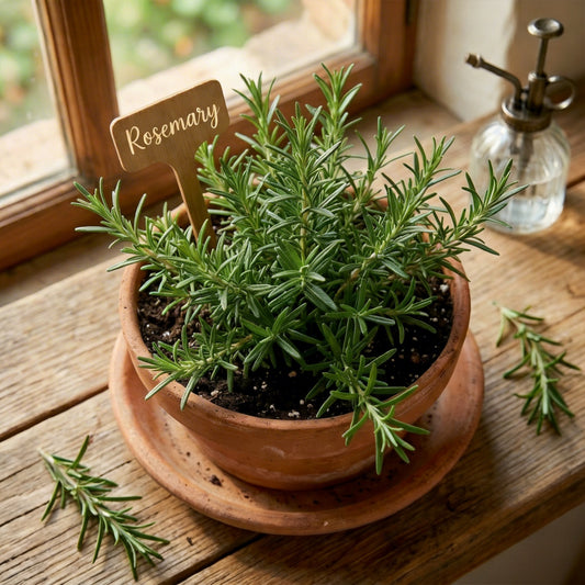 Non-GMO rosemary seeds packet from SunnySowSeed on a wooden table
