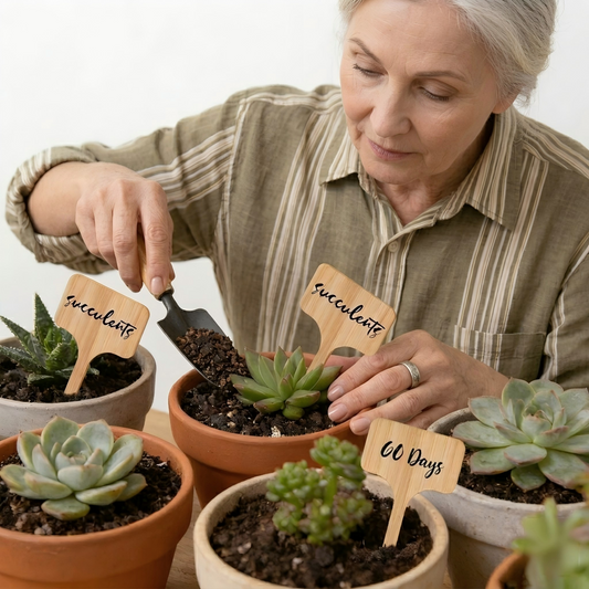 Natural bamboo plant labels bundle with permanent marker on a wooden surface