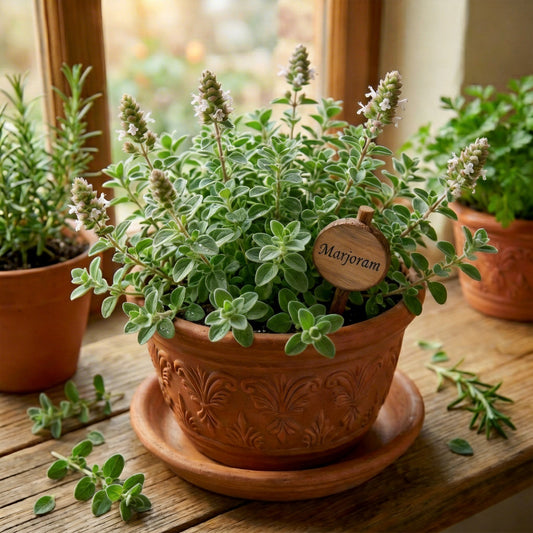 Non-GMO Sweet Marjoram seeds packet close-up