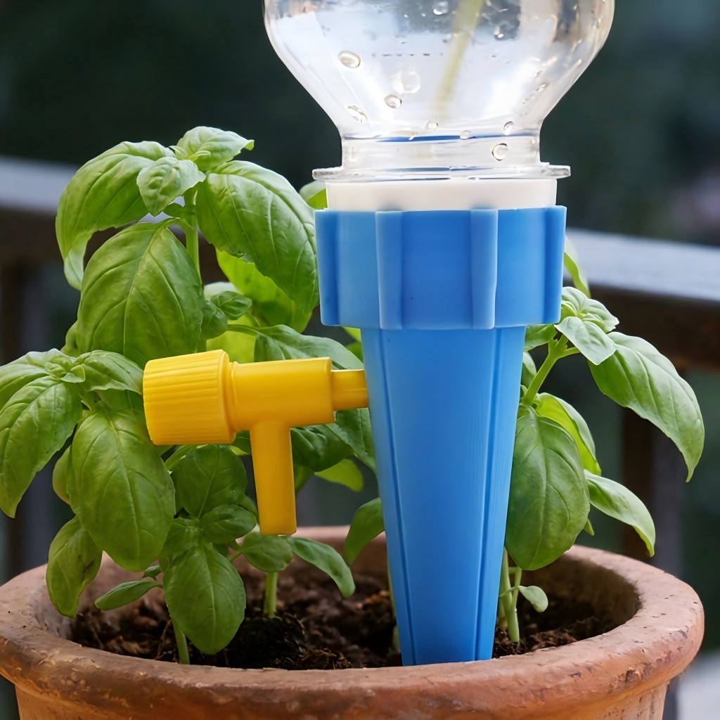 Automatic drip irrigation kit providing vacation care for multiple houseplants