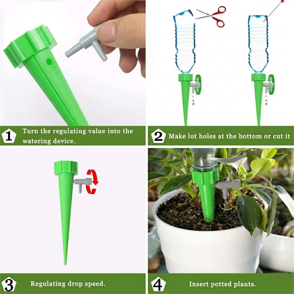 Eco-friendly watering system setup with a reused glass bottle in a herb garden